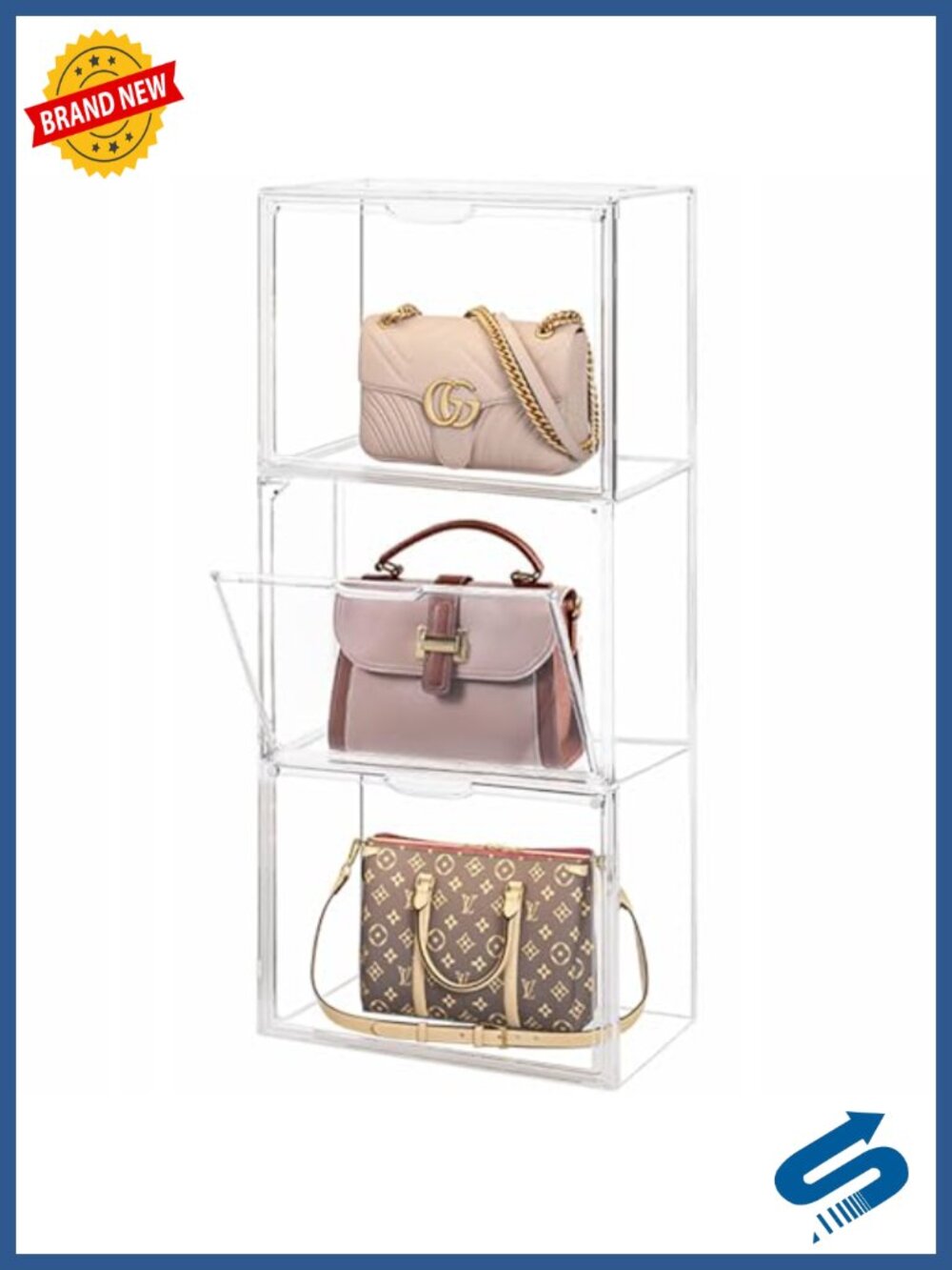 3 Pack Clear Plastic Handbag Display Case with Magnetic Drop Front